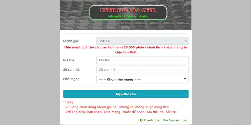 Nạp tiền qua thẻ cào